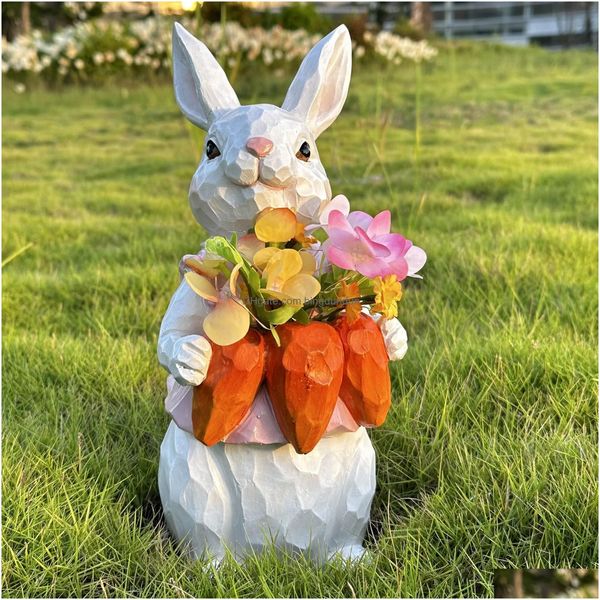 Decorações de jardim Cenoura Cenout Bouquet Bunny Decorativa Ornamentos de estátua Lâmpada solar Luz 240411 Drop Deliver