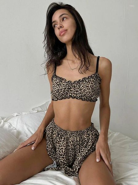 Abbigliamento da casa Hiloc Leopard Stampa pigiama per donne sexy set 2 pezzi set arruffato spaghetti reggiseno reggiseno femmina casual abiti con pantaloncini estate 2024