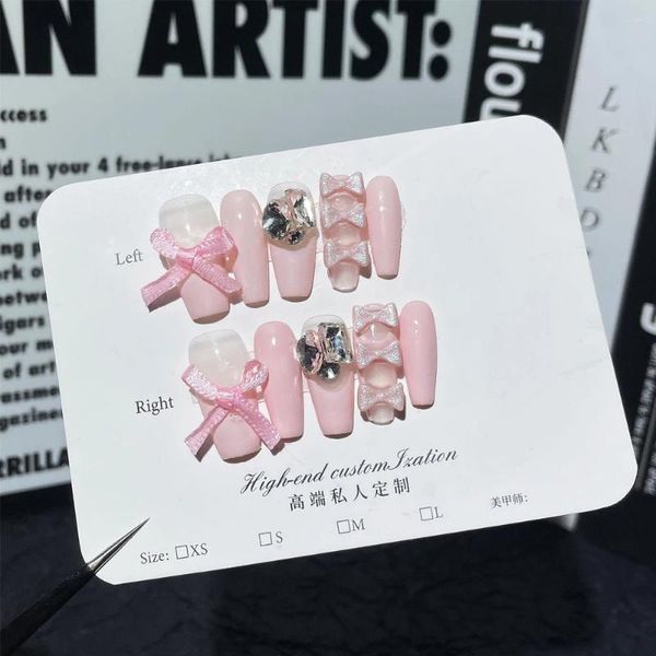 FEVERAÇÃO DE festa Fake Fake Nails Sapato de balé Design Pink Bow Diamond Diam