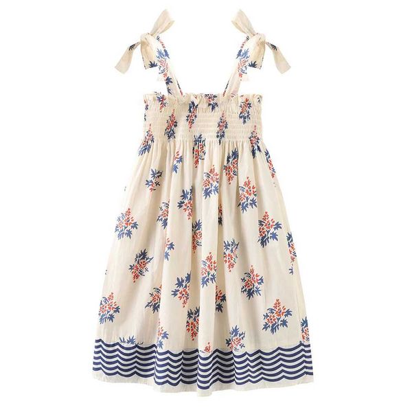 Mädchenkleider kleines Mädchen Strand Blume Kleid Sommer bequeme Baumwolle rauchend glattes Kleid Mädchen Bohemian Kleid Vorschule Kleidung 2t 3t 4t 5t 7tl240513