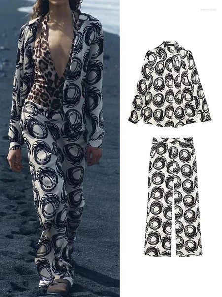 Heimkleidung Frauen Pyjamas bedruckte Bluse Hose Set Vintage Loose Long Sleeve Single Breaced Tops Weitbein Hosen Nachtwäsche Fashion Lounge
