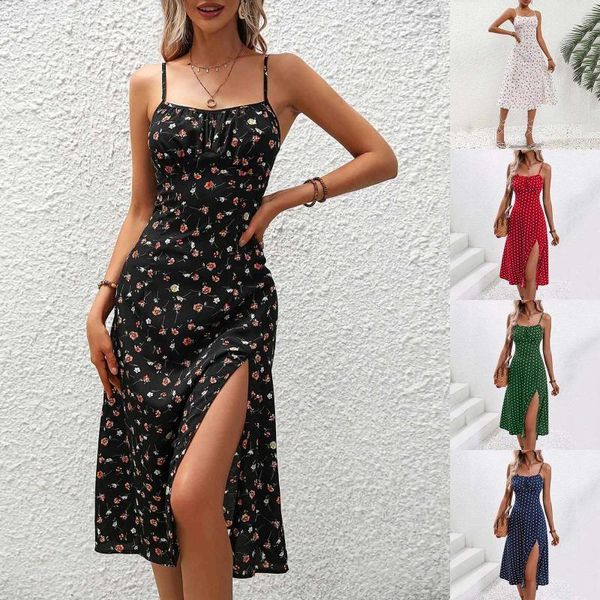 Vestidos casuais vendendo moda de moda verão 2024 senhoras sexy polka ponto dividido suspenso floral renda de renda esbelta vestido vestidos de feiária