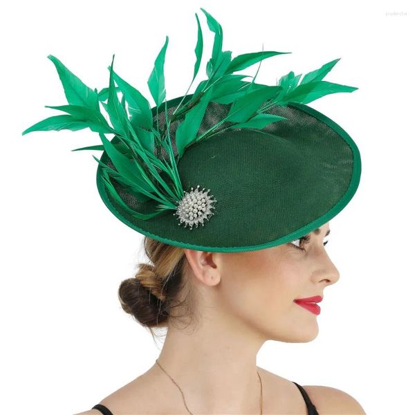 Green Big Fascinator Hat için bayanlar düğün şapkası güzel süslü tüy saç aksesuarları zarif parti yemek chapeau kapak