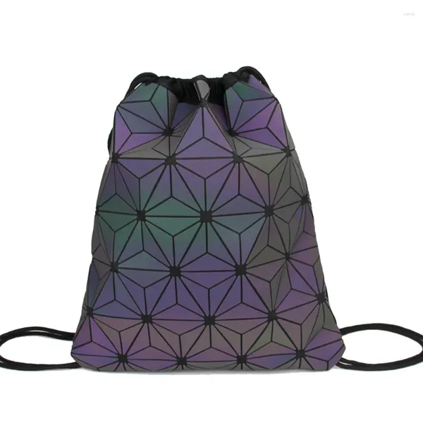 Rucksack Frauen Draw String Rucksacks Holographische Dudelsack weibliche leuchtende geometrische für Teenager -Mädchen School Bag Beach Bao