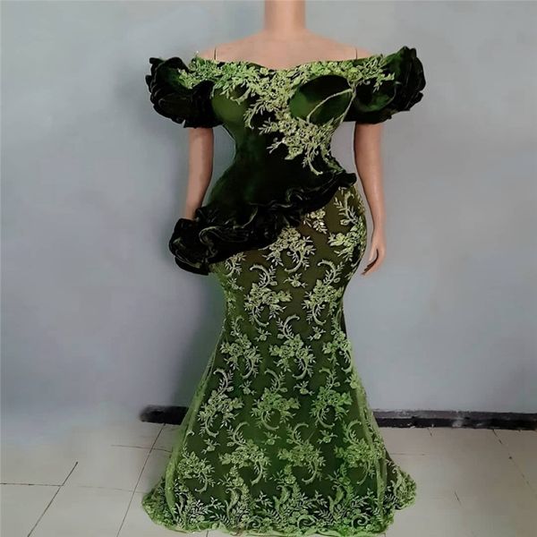 Hunter Green Lace Aso Ebi Abendkleider Kurzärmel geschwollen von Schulter Meerjungfrauen Frauen Afrika Plus Größe Prom Kleider Applikationen 255W