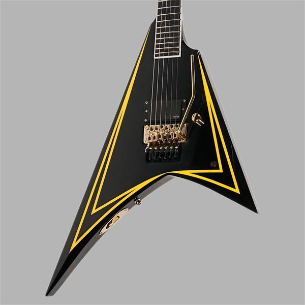 Custom Shop Alexi Laiho Black Yellow Sawtooth Flying V E-Gitarre mit überbissenem Fingerboard 20-24, Floyd Rose Tremolo Bridge, China EMG Pickup, Gold Hardware