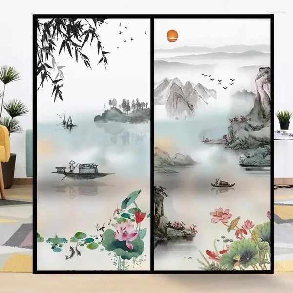 Оконные наклейки на индивидуальные китайские пейзажные рисование матовая стеклянная ванная комната против блеска наклейка шпионажа и блокировки света