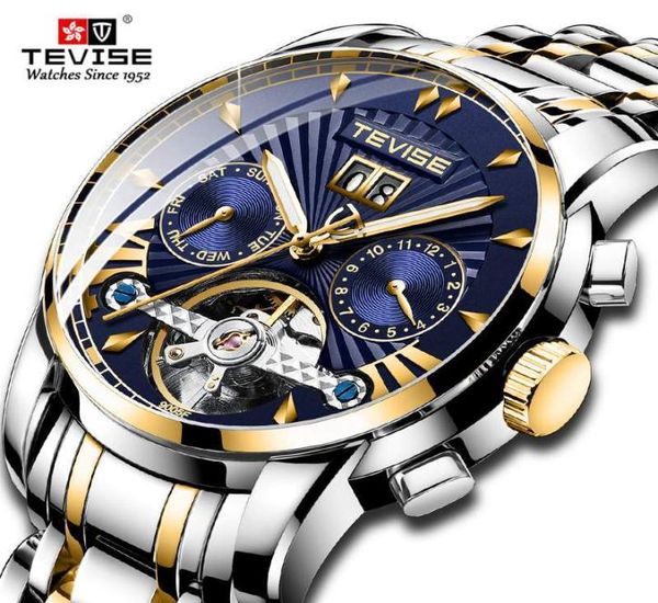 Top Luxury Brand Tevise Men Automatic Assista aço inoxidável Tourbillon Calendário Mecânica Mechanical Watch Men Clock3121272