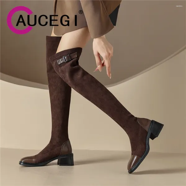 Stivali Aucegi Women Over the Knee Slip su sexy tallone quadrato High grepot patchwork PU in pelle autunno scarpe da ballo di ballo nero