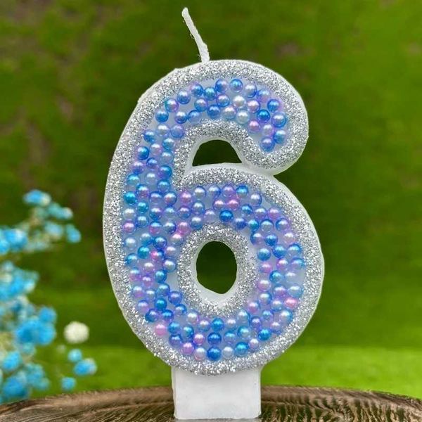 5pcs Kerzen Glitzer Blue Pearls Geburtstagsnummer Kerzen Meerjungfrau Themen Kerze 1 Jahre Baby Girl Party Lieferungen Dekorationen