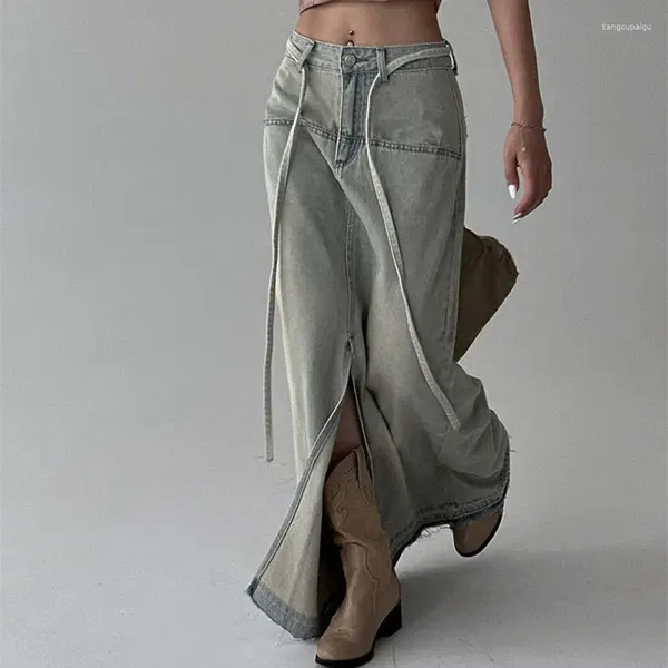 Signe Deeptown Vintage Long Skirt Denim Donne Y2K streetwear a bassa vita a bassa seccatura patch-up patchwork coreano moda maxi jeans