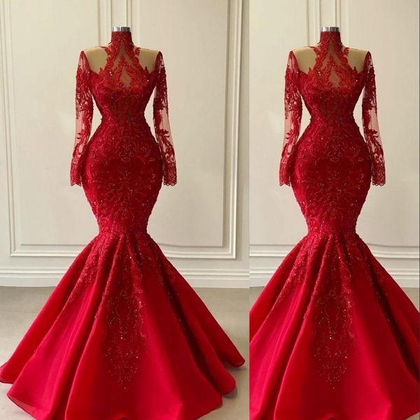 Rote Meerjungfrau Abendkleider 2021 hohe Nacken lange Ärmel Spitzenapplikationen Pailletten Perlen bodenlange Satin Illusion Prom Party Ballkleid V 282k