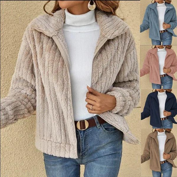 Jackets femininos Fashion Fleece Sherpa 2024 Autumn Winter Ladies quente Manga longa Lappel Up Casat Outwear com bolsos