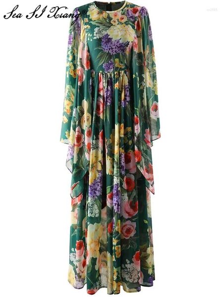 Vestidos casuais mar Seasixiang designer de moda Spring chiffon maxi vestido mulheres o-pescoço de flare sleeve posicionando estampa floral bohemian long long