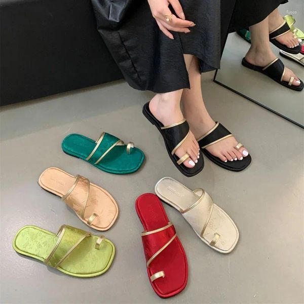 Sandalen rot flache grüne Flip Flops Frauen chinesische Stil Outdoor Flats Slipper Sommerstrand 2024 Sandalien Casuises
