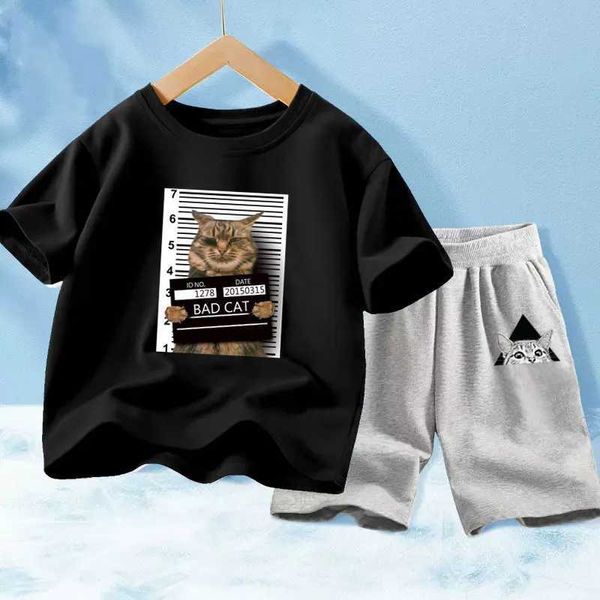Roupas conjuntos de roupas de verão para crianças conjunto de garotos desenho animado de gato de gato ruim t-shirt infantil de mangas curtas de mangas curtas sportswearl2405l2405
