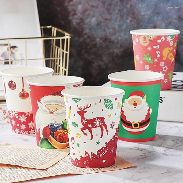 Einwegbecher Strohhalm 50pcs Netto Red Christmas Party Papy Tasse 250 ml Milk Tee Kaffeesaft Wasser trinken Santa Elch Bell kreatives Dessert