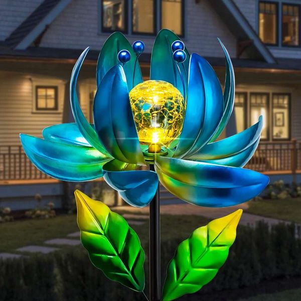Spinners de vento- Decoração de jardim de flores de lótus metal LED LED Crackle Globe Yard Art Sculpture Solar Lights para Patio Patio Pathway WAURNA