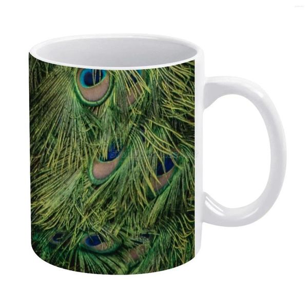 Canecas penas de pavão caneca branca 11 oz de chá de chá de cerâmica de café presente de aniversário natural natura fauna animais animais fea