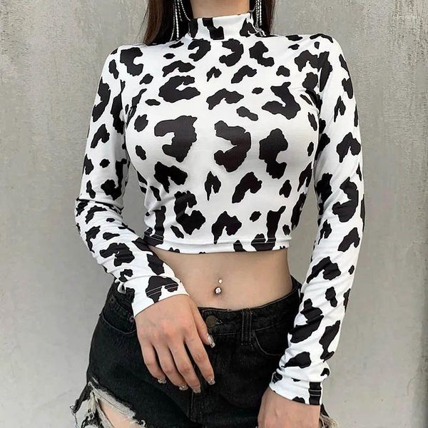 Frauen T -Shirts sexy Frauen Milch Kuhmuster Print Crop Top Female Langarm Slim Fit Holy Fashion Casual Short Shirt Streetwear Streetwear