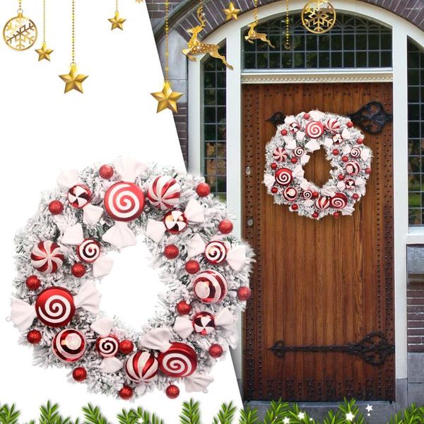 Flores decorativas grinaldas de Natal 16 polegadas para a porta da frente decoração branca vermelha com ornamentos de bola Candy