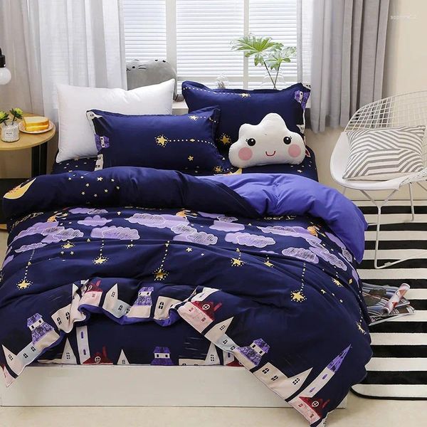 Bettwäsche Sets 4pcs Clouds Star Girl Boy Kid Bett Cover Set Bettwäsche Erwachsene Kinderblätter und Kissenbezüge Bettdecke