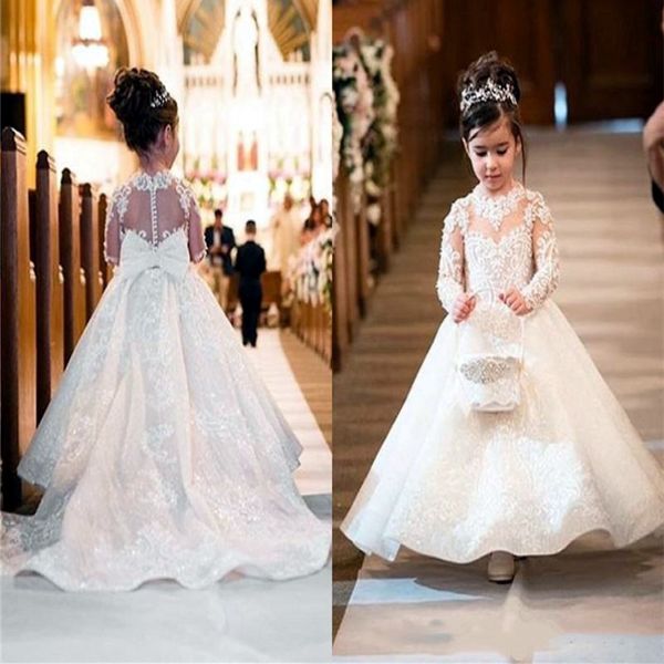 2021 Lace Flor Girl Dresses Girl Sheer Decoel Mangas compridas Vestido de baile Lilttle Kids Birthdand Birthday Wedding Vestidos de casamento ZJ676 231V