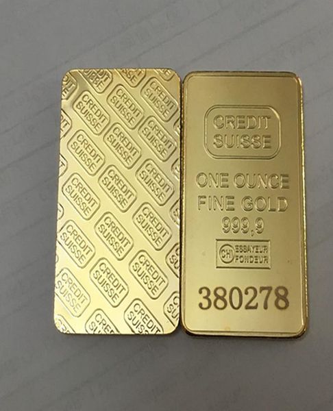 10 PCs Nicht -Magnetkredit Suisse 1 Unzen Messingkern Gold plattiert Bullion Münze 50 x 28 mm Ingot -Stangenmünze mit unterschiedlichem Serail -Laser N7793421