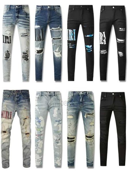 Herren Jeans Herren Jeans Lila Jeans Frauen Designer Destgiertes Schlanker Fit Motorrad Mann gestapelt Baggy Hosen Hole Jogging Jeankvyt