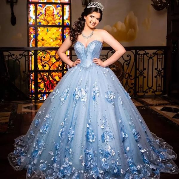 Голубое голубое Quinceanera платье принцесса шариковые платья, возлюбленная рукавицы 3D Froots Beads Вечеринка сладкие 16 vestidos de 15 A OS 227T