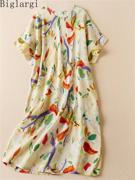 Abito floreale vintage estivo per estate più tagliati casual ladies lino in cotone con stampa in lino in cotone donna pullover fiore midi 240430