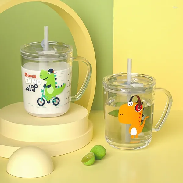 Canecas 400ml Kawaii Kids Copo de vidro em casa Escala infantil Mark Coffee Milk suco tumbler de chá com palha Handle