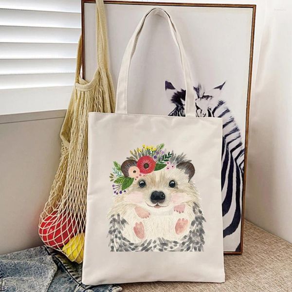 Sacolas de compras adorável hedgehog flor gráfico de flores comprador feminino de impressão personalizável bolsa lady harajuku bolsa ombro de garota