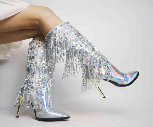 Botas ribetrini moda pontuada pontilhada de lantejoulas de lantejoulas de bezerro para mulheres zip metal glitter sexy vestido elegante sapatos longos t221406663