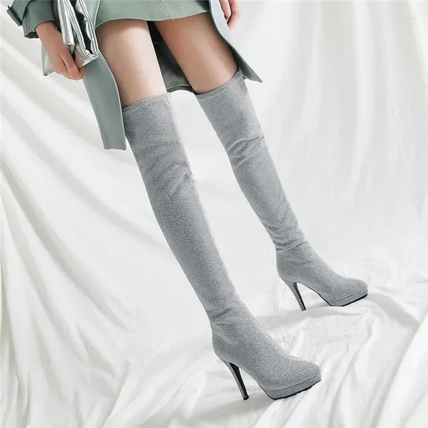 Сапоги Ymechic Fashion Teed High High Heels растягивайте блеск сексуальная заостренная платформа на колене, женские туфли для женской вечеринки, зима