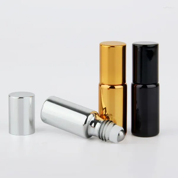 Garrafas de armazenamento 5 ml de luxo de vidro revestido com revestimento UV de recipiente vazio com bola de rolo de aço inoxidável para perfume de óleo essencial