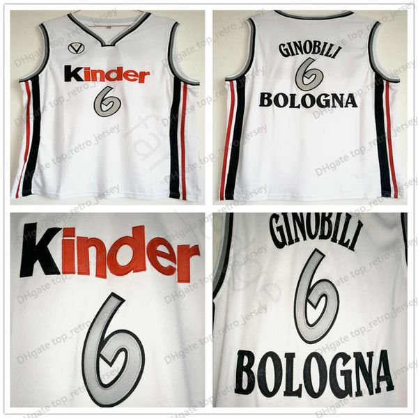 Manu Ginobili Trikot #6 Virtus Kinder Bologna Europäische Basketballtrikots genähte Herren weiße Camiseta de Baloncesto Basketball -Trikot -Hemd
