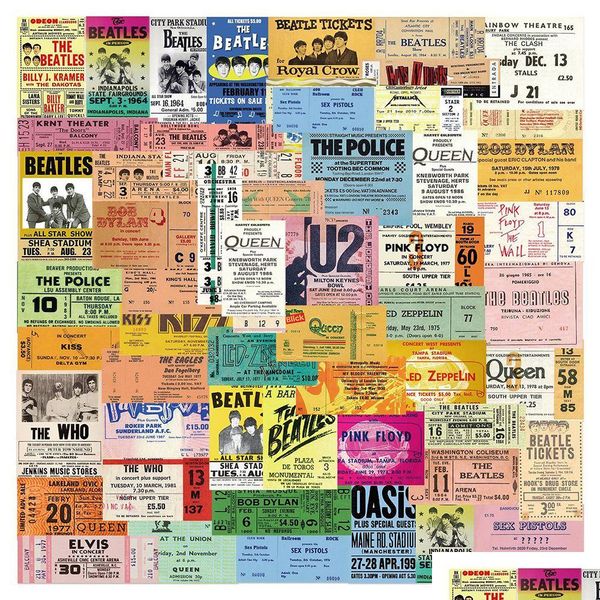 Neuheitenartikel 55pcs Retro Rock Band Tickets Iti Aufkleber Aufkleber Aufkleber Skateboard Koffer Laptop Gitarre Cooles wasserdichte Aufkleber Kinderspielzeug Drop dhxzy