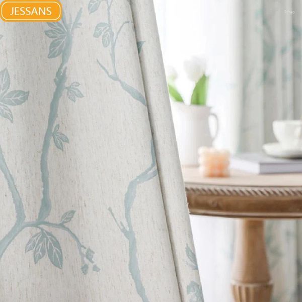 Tende in lino in cotone azzurra pianta jacquard tende addensate per la camera da letto del soggiorno balcone francese personalizzato