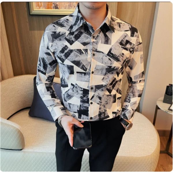 Camisa estampada de tendência coreana para homens de alta qualidade camisa longa de mangas compridas negócios casuais camisetas formais formais masculinas 4xl