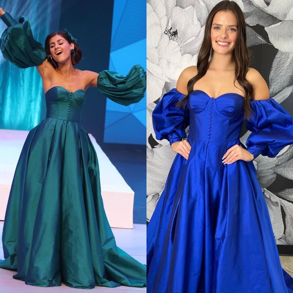 Taft A-Line Prom Kleid abnehmbare Puffy Gigot Sleeves Festzug Winter Formal Abend Cocktail Party Landebahn Schwarz-Tie-Gala Oscar Hoco Celebrity Gown Emerald Royal