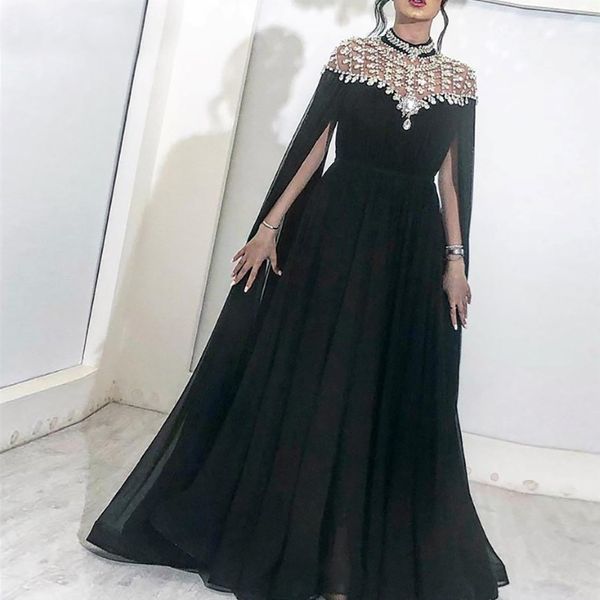 Черные вечерние платья с высокой шеей Caved Crystalls Chiffon Dubai Kftan Saudi Arabic Длинное вечернее платье выпускное платье 207n