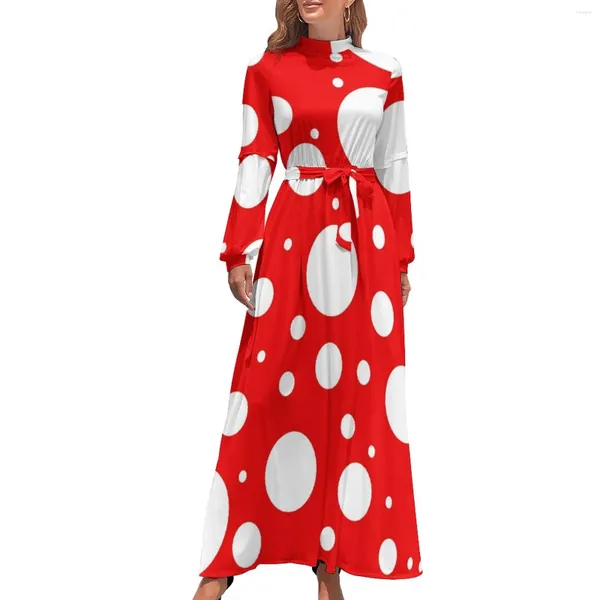 Lässige Kleider rot weiße Polka Dot Kleid Kusama Yayoi inspirierte ästhetische Strandfrauen Langarmige hohe Taille Sexy Long Maxi