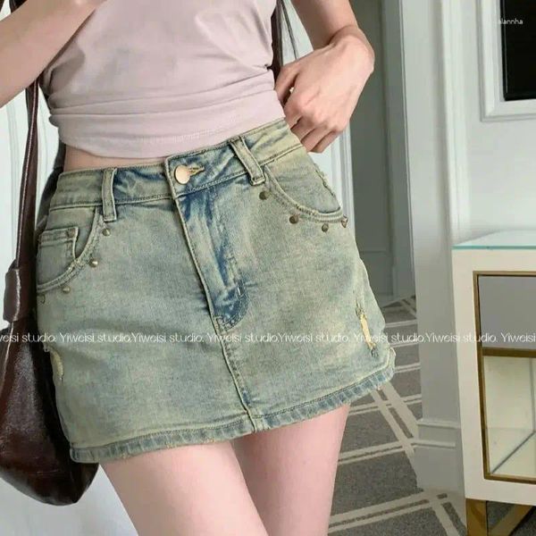 Gonne 2024 Summer Retro Nostalgic Rivet Elastic COLA Irregolare Gonna in denim con mini culotte di jeans fodera