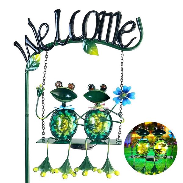 Hongland Outdoor Solar Lights, Frog Swing Garden Decor, Rrog Decorative Stake con cartello di benvenuto per patio patio (48 pollici)