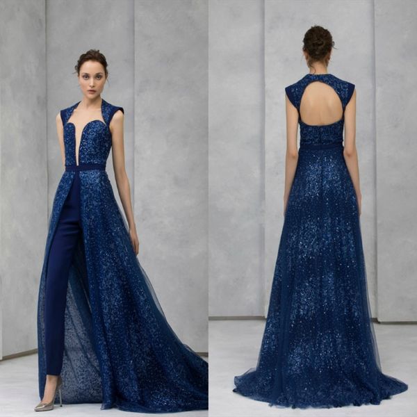 2020 tuta da sera blu scuro con gonna staccabile in pizzo con paillettes abito da ballo ad alto colletto in rilievo Tony Ward abiti da festa formale per pantaloni 216a