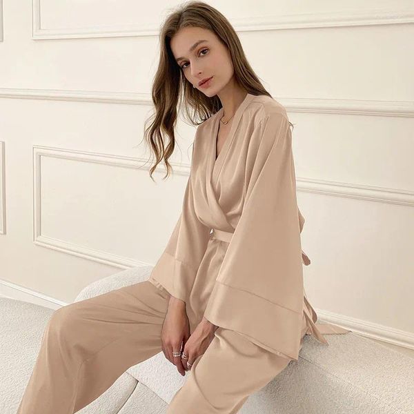 Heimkleidung 2024 Französisch Französisch Lose Noble Pyjama Set Ice Seide Satin Face Feste Farbe Weiche Frauen Nacht-Robe sexy komfortable Nachtwäsche