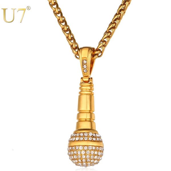 U7 Buz Çıkış Zincir Kolye Mikrofon Kolye Menwomen Paslanmaz Çelik Altın Renkli Rhinestone Arkadaş Takı Hip Hop P1018 240429