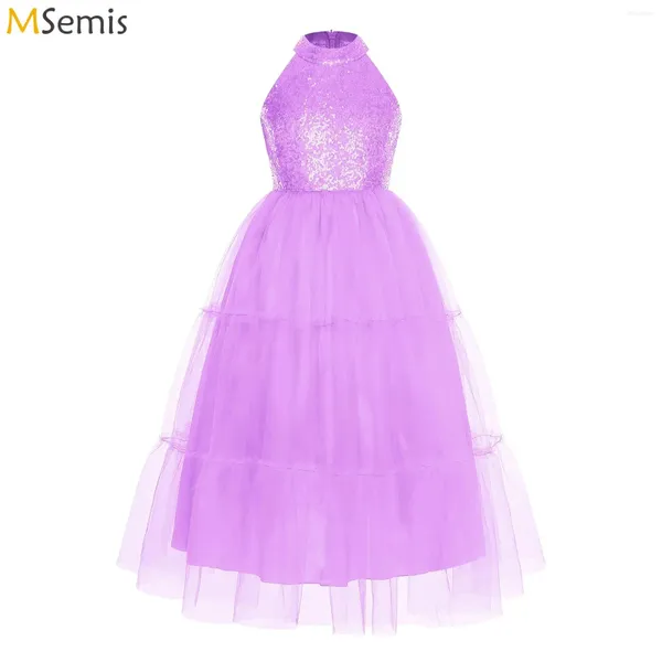 Bühnenbekleidung Kid Girl Glitter Pailletten A-Line Dress Party Kleid Halfter Langstufe Tüll für Blumencocktail moderne Tanzperformance