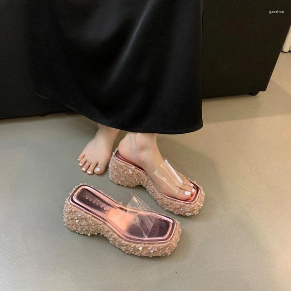 Сандалии розовые тапочки серебряные прозрачные клинья обувь для женщин с блестками летние высокие каблуки повседневные сандалии de pvc